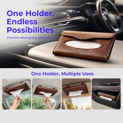 Car Visor Tissue Holder, Clip-on, Large Opening, PU Leather, Brown - color: Brown