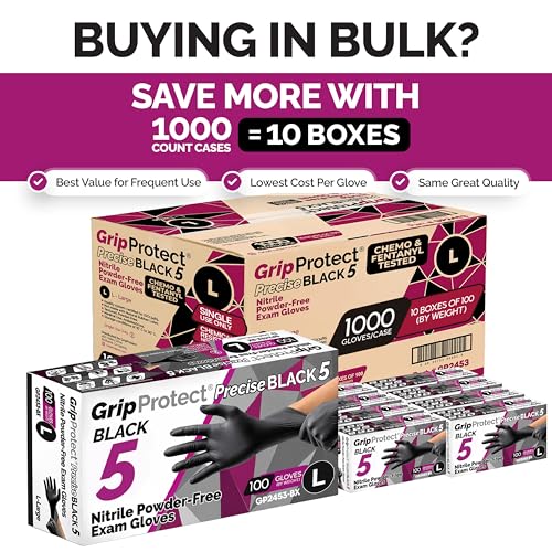 GripProtect Precise 5 Mil Black Nitrile Gloves, Chemical Resistant Gloves - size: L