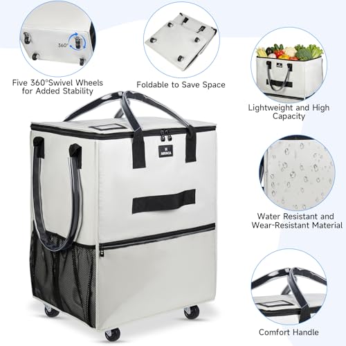 Reusable Grocery Bag On Wheels, 70L Foldable Rolling Tote with 6 Pockets - color: Beige, size: Medium