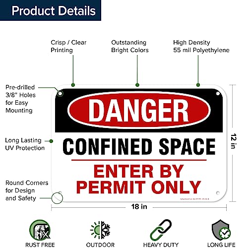Danger Confined Space Enter By Permit Only Sign, 12x18 Inches, 55 mil thick - size: 12x18 - Polyethylene