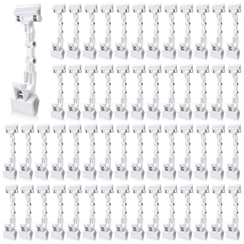Honeydak White 50 Pcs Sign Holder Clips Bulk for Grocery Retail Display Plastic Shelf Price Sign Clamps Double Sided Swivel Holder with Antislip Padding Rotatable Merchandising Clips for Store - color: White