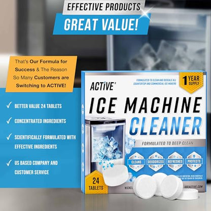 ACTIVE Ice Machine Cleaner Maker Descaler - 24 Clean Tablets Compatible with Frigidaire, Opal, GE Profile, Kitchenaid, Nickel Safe Scale Remover for Countertop, Nugget Ice Makers - Bulk 1 Year Supply - style: 24 Tablets Descaling Cleaner for Ice Maker