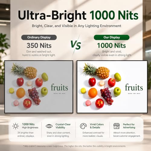 32inch Digital Signage, 1000nits High Brightness Advertising Display, Slim Fit Frameless LCD Monitor, CMS Remote Publishing, 24/7 Operation, Smart Split Screen Play, HDMI/USB/WiFi/Android System - size: 32"+1000nits