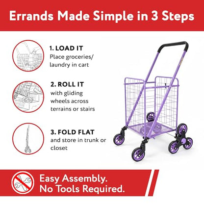 dbest Products Stair Climber Cruiser Cart Shopping Grocery Rolling Folding Laundry Basket on Wheels Foldable Utility Trolley Compact Lightweight Collapsible, Purple - color: Purple, style: Stair Climber