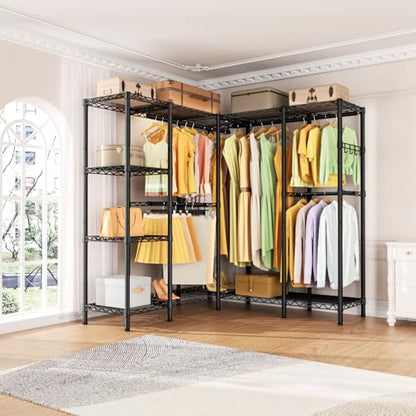 Golpart Heavy Duty Clothes Rack Metal Wardrobe with Adjustable Wire Shelves - color: Black, size: 50"D x 50"Wx 76.5"H