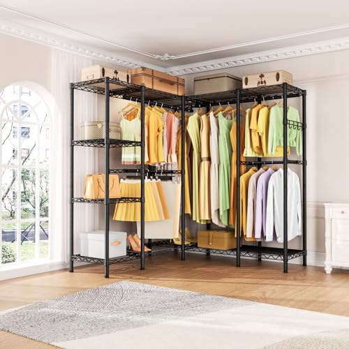 Golpart Heavy Duty Clothes Rack Metal Wardrobe with Adjustable Wire Shelves - color: Black, size: 50"D x 50"Wx 76.5"H