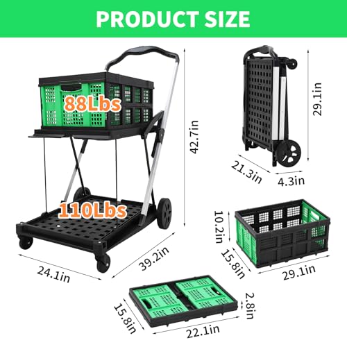 2 Tier Folding Shopping Cart for Groceries - Heavy Duty 198 LB Capacity, Two-Tier Design with Removable Crate, Instant Folding for Easy Storage - color: Green