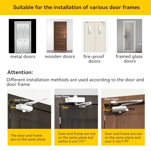 Automatic Door Closer Heavy Duty Fire Prevention Spring Hydraulic Aluminum Alloy Surface Mounted Residential Commercial Grade Door Closer Adjustable Speed Door Weights 55-99 Lbs Size1-White - size: Size1 White-Door Weight 55-99 Lbs
