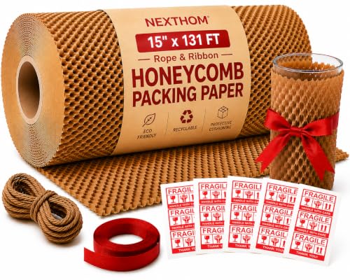 Honeycomb Packing Paper, 15 Inch x 131 FT – Eco-Friendly Recyclable Cushioning Wrap Roll for Moving & Shipping, Bubble Wrap Alternative with Rope, Ribbon & 40 Fragile Stickers - size: 15" x 131'