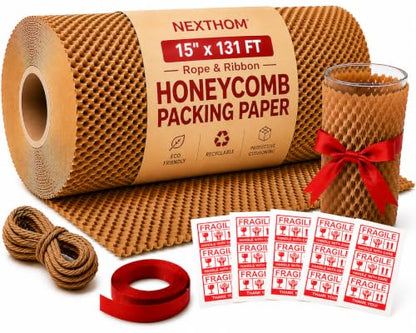 Honeycomb Packing Paper, 15 Inch x 131 FT – Eco-Friendly Recyclable Cushioning Wrap Roll for Moving & Shipping, Bubble Wrap Alternative with Rope, Ribbon & 40 Fragile Stickers - size: 15" x 131'