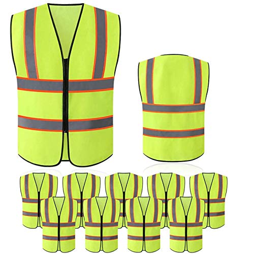 Tekware Safety Vest with High Reflective Strips, Pack of 10 Bright Neon Color Construction Protector with Zipper - color: Yellow, size: Medium