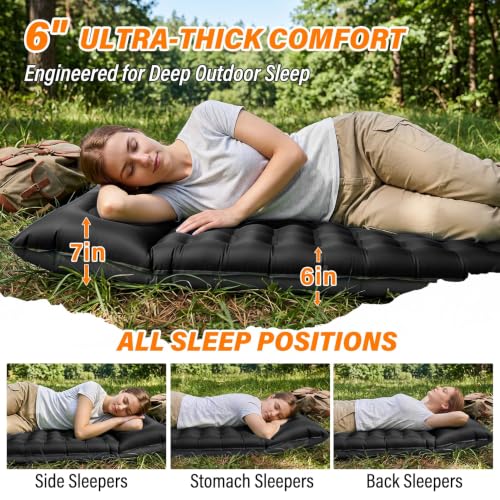 Camping Sleeping Pad, 6 inch Thick Ultralight Camping Mat with Pillow, Built-in Foot Pump Inflatable Sleeping Pads Compact for Camping Backpacking Hiking Traveling Tent,Single,Black - color: Black