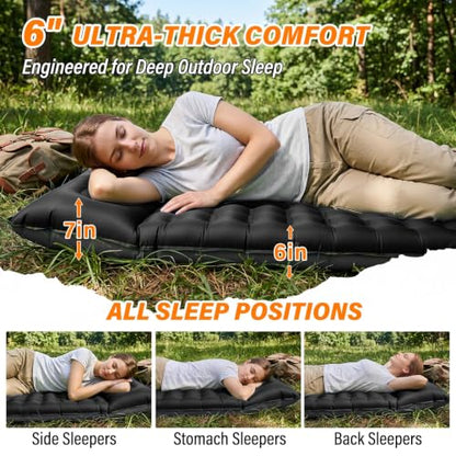 Camping Sleeping Pad, 6 inch Thick Ultralight Camping Mat with Pillow, Built-in Foot Pump Inflatable Sleeping Pads Compact for Camping Backpacking Hiking Traveling Tent,Single,Black - color: Black