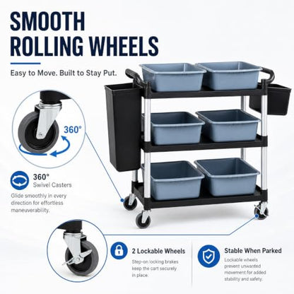 Storage Cart 3 Tier Heavy Duty Commercial Grade Utility Cart,Dish Cart for Restaurant,Multi-Function Mobile Shelving Unit Organizer for Hotel,Restaurant,Kitchen,Laundry Room with 6 Basin 2 Barrels - size: 40X20X38IN