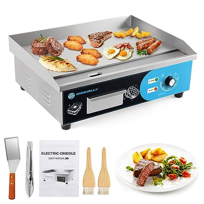 IRONWALLS Commercial Griddle Electric 22”, 3000W Electric Flat Top Grill, Stainless Steel Countertop Electric Griddle Nonstick with 122~572℉Adjustable Temperature Control for Restaurant Kitchen - color: Blue Panel, size: 22 Inch(Flat Top)