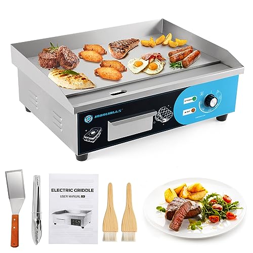 IRONWALLS Commercial Griddle Electric 22”, 3000W Electric Flat Top Grill, Stainless Steel Countertop Electric Griddle Nonstick with 122~572℉Adjustable Temperature Control for Restaurant Kitchen - color: Blue Panel, size: 22 Inch(Flat Top)