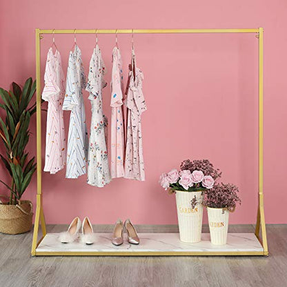 HOMEKAYT Gold Clothing Rack with Wooden Shelf for Boutique Retail Heavy Duty Hanging Rack- 59’’L - color: C-Gold