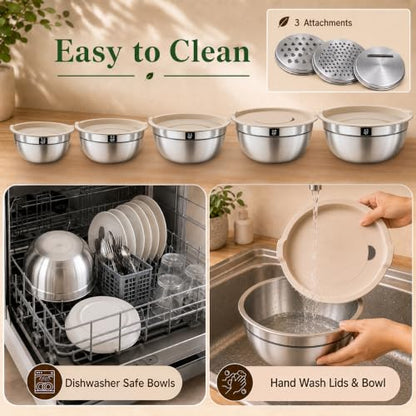 8PCS Stainless Steel Mixing Bowls with Lids - 5PCS Nesting Bowls, 3 Grater Attachments for 4.0 QT Bowl, Stainless Steel Mixing Bowls for Mixing & Serving, Size 1.5/2.1/3.5/4/4.5 QT, Khaki