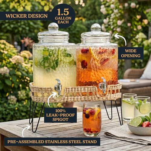 Beverage Dispensers - Set of 2 Glass Drink Dispensers with Metel Stand - 1.5-Gallon Capacity - Perfect for Lemonade, Juice, Water, Iced Tea, Punch (Wicker Design-Clear) - color: Clear-Wicker Design