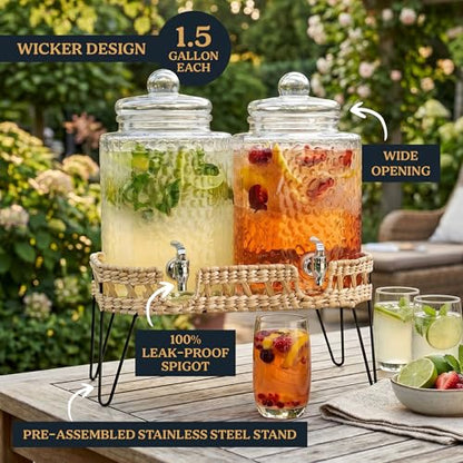 Beverage Dispensers - Set of 2 Glass Drink Dispensers with Metel Stand - 1.5-Gallon Capacity - Perfect for Lemonade, Juice, Water, Iced Tea, Punch (Wicker Design-Clear) - color: Clear-Wicker Design
