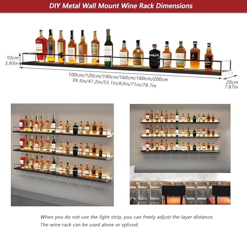 Metal Wall Mounted Wine Rack with LED Light, 3 Tiers Liquor Bottles Floating Shelves with Glass Holder, Wine Shelf Industrial Bar Shelves for Home Bar Dining (Gold, 180cm/71in) - color: Gold, size: 180cm/71in