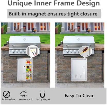 Outdoor Kitchen Doors, 17x23 Inch 304 Stainless Steel BBQ Access Door with Vent, Double Steel Doors for Outdoor Grill Island - size: 17W x 23H- Left