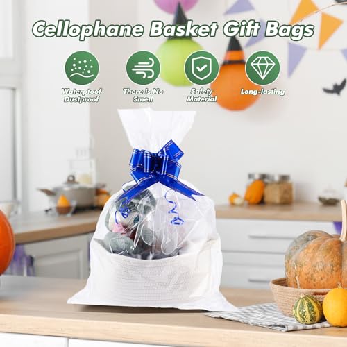 UltraOutlet 100 Packs Large Cellophane Bags 18" x 24" Clear Cellophane Gift Basket Wraps 2.3 Mil Thick Clear Cello Bags for Fruit Basket, Gift Wrap, Treats, Arts and Crafts, 100ct Blue Ribbon Bows - color: Clear/Royal blue, size: 1 Count (Pack of 100)