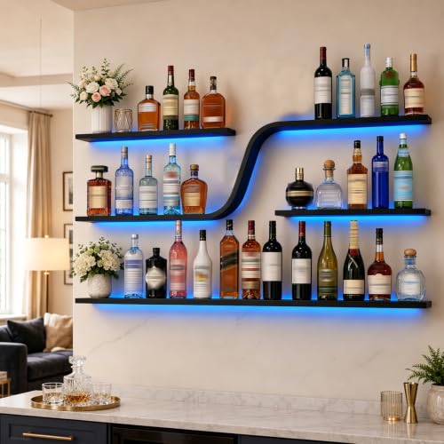 47in Wall Mounted Wine Rack with Blue LED Lights (Black, 120cm) - color: Black, size: 47in