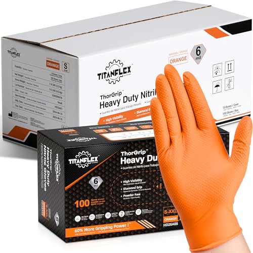 TitanFlex Heavy Duty Orange Nitrile Gloves, 6 Mil, Raised Diamond Texture, Mechanic Disposable Gloves, Latex Free Powder Free - color: 6-mil (1000-ct), size: Large