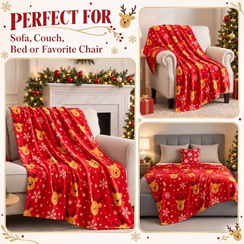 Kinlop 40 Pcs Christmas Throw Blankets Bulk Xmas Soft Cozy Lightweight Fleece Blanket Winter Holiday Blankets for Couch Bed Sofa Home Donation 50 x 60 Inch (Red Reindeer) - color: Red