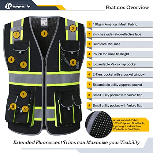 JKSafety Safety Vest for Men Women with Neon Trims JK86 Black M - color: Jk086-black, size: Medium