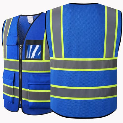 Reflective Safety Vest for Men Women Hi Vis Vest with 8 Pockets High Visibility Mesh Reflective Vest (Blue-07, Large) - color: Blue, size: Large