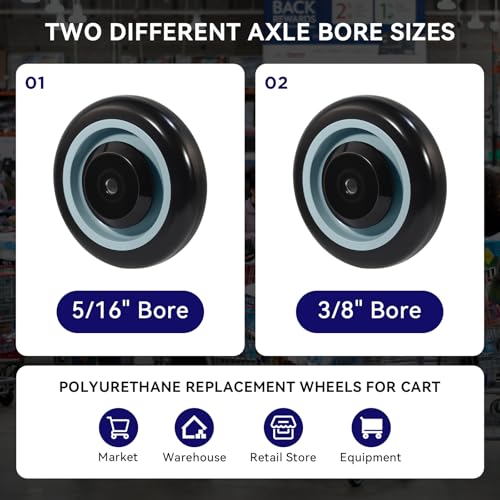 5" Shopping Cart Wheel Replacement Kit, Polyurethane Casters Set of 4, 3/8" Axle Diameter Wheels for Supermarket Grocery Retail Stores - style: Black(3/8" Bore)