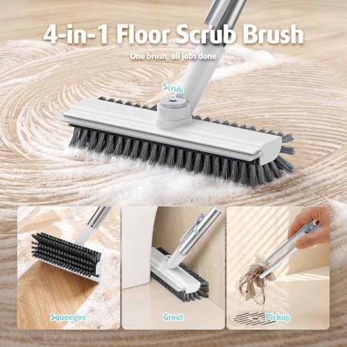 AIR U+ Floor Scrub Brush with Long Handle, 4 in 1 Floor Scrubber & Squeegee - color: White