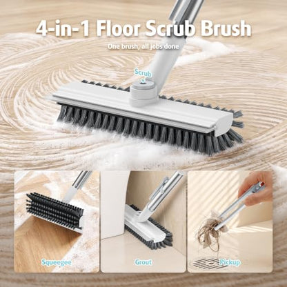 AIR U+ Floor Scrub Brush with Long Handle, 4 in 1 Floor Scrubber & Squeegee - color: White