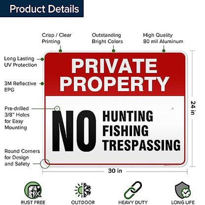 Private Property No Fishing No Hunting No Trespassing Sign, 24x30 Inches, - size: 24x30 - Aluminum Reflective