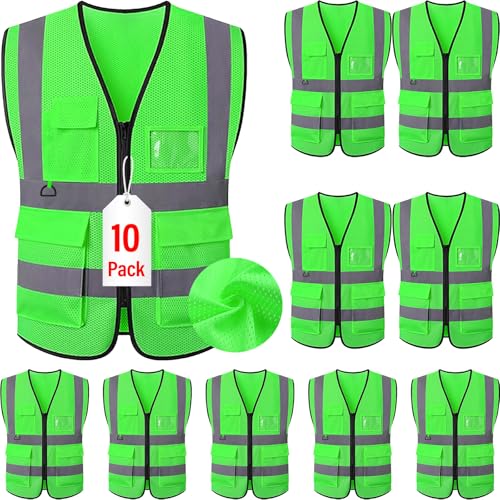 Reflective Mesh Safety Vest, Breathable Hi Vis Vest Construction Work with 5 Pockets and Zipper for Men Women - color: Apple Green