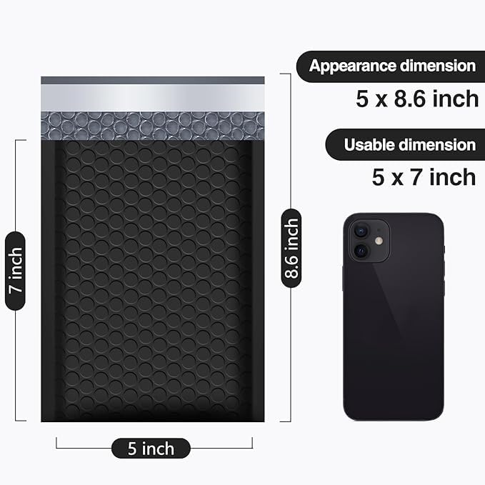 Koja Extra Thick Padded Bubble Mailers, 5x8.6 in, 50-Pack, Black - color: Black, size: 5 x 8.6" 50-Pack