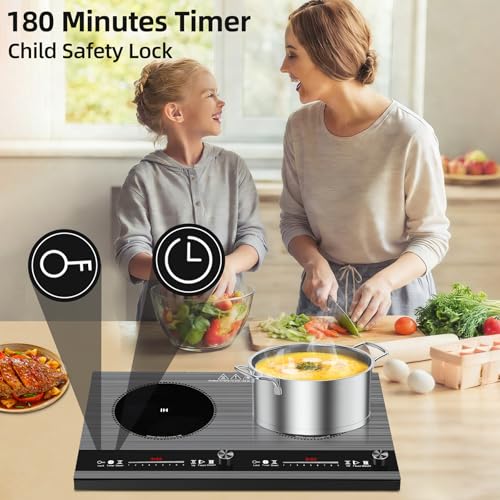 2 burner induction cooktop,110V 3000W 2 burner induction plate with Brushed Panel LED Knob Control, induction stove top with 9 Power Levels, Kids Lock & Timer,24 Inch double induction cooktop - size: 2 Burner induction Cooktop