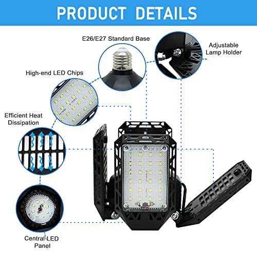 4-Pack LED Garage Light,150W Deformable Garage Ceiling Lights,15000LM, 4 Adjustable Panels, E26/E27 Shop Lights for Basement, Barn, Workshop,High Bay Light - size: 4+1P 4Pack/F