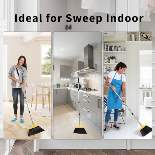 Broom and Dustpan Set for Home, 51" Long Handle Standing Pan Black Yellow - color: Yellow and Black