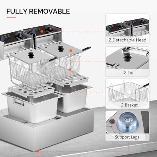 ROVSUN 22.8QT/21.6L Electric Deep Fryer, Commercial Deep Fryer with Baskets Lids Countertop, Stainless Steel Dual Tank Kitchen Fat Fryer Frying Machine for French Fries Donuts, Adjustable Temp, 3400W - size: 22.8QT