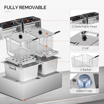 ROVSUN 22.8QT/21.6L Electric Deep Fryer, Commercial Deep Fryer with Baskets Lids Countertop, Stainless Steel Dual Tank Kitchen Fat Fryer Frying Machine for French Fries Donuts, Adjustable Temp, 3400W - size: 22.8QT