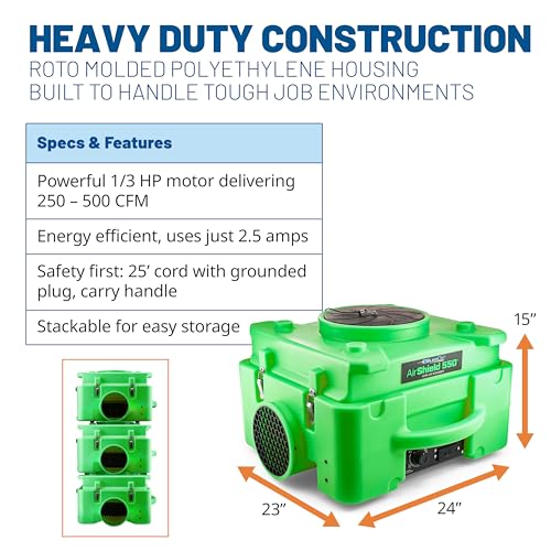 BlueDri Air Shield 550 HEPA Air Scrubber, Water Damage Restoration Equipment Air Purifier, Covers 1400 Sq. Ft, Daisy Chain Capable, For Commercial Use, Green, BD-AS-550 - color: Green