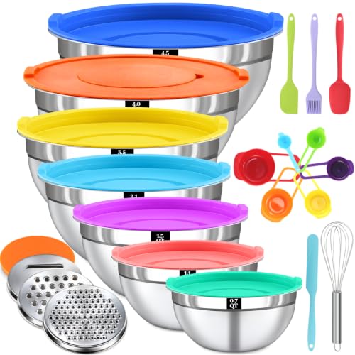 21PCS Mixing Bowls with Lids Set - 7 Nesting Mixing Bowls, 3 Graters, 11 Baking Tools, Lids, Stainless Steel Mixing Bowl for Mixing & Baking, Size 0.7/1.1/1.5/2.1/3.5/4/4.5 QT, Colorful - color: Mixing bowls 16Pcs Multicolor