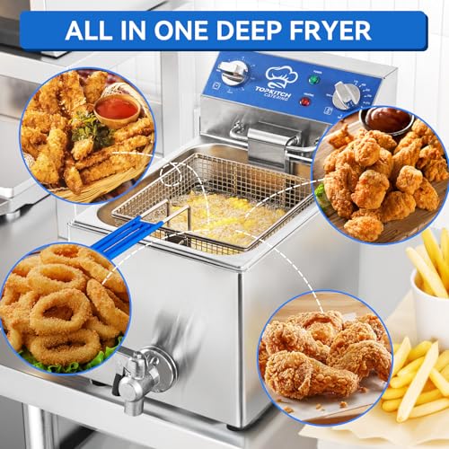 TOPKITCH 6.3Qt Electric Fryer with Oil Drain,30 Minutes Timer,Stretch forming oil tank,Lid and Solid Wire Mesh Basket,Light Duty Commercial Electric Countertop Deep Fryers-120V,1800W - size: 6.3QT