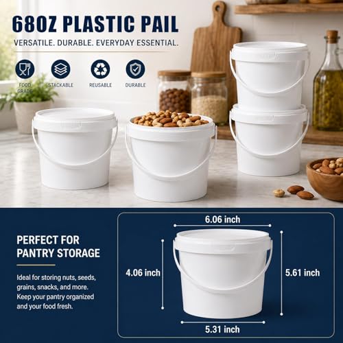 4 Pack 68 oz White Plastic Buckets with Lids and Handles, 2 Quart Food Storage Pails for Ice, Snacks, Paint and Crafts - color: White, size: 68 Oz