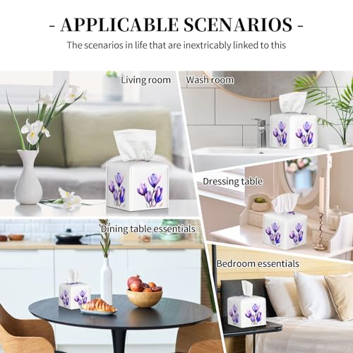 Purple Flower Tulip Square Tissue Boxes Holder 5.2"x5.2"x5.2" for Home Car - color: Purple Flower Tulip