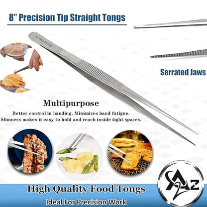 Professional Culinary Stainless Steel Precision Tongs with Serrated Tips, Plating/Food Presentation Detailing Serving Tongs, Chef's Kitchen Tweezer Tongs - Ultra Non-Slip Grip (8" STR Slim) - size: 8" Straight Slim