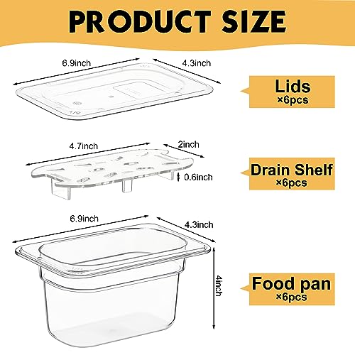 Sunnyray 6 Set Plastic Food Pans, 1/9 Size Square Containers, 4 Inch Deep